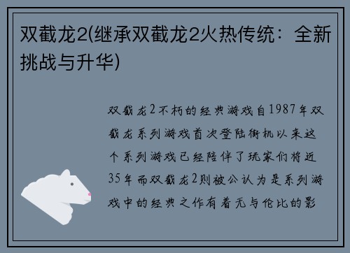 双截龙2(继承双截龙2火热传统：全新挑战与升华)