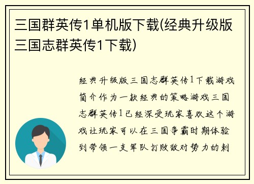 三国群英传1单机版下载(经典升级版三国志群英传1下载)